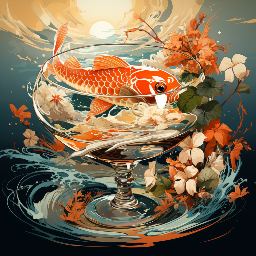 Cocktail glass with koi fish illustration