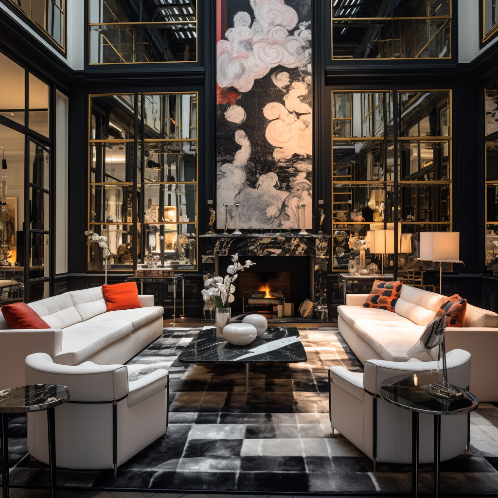 Hyper-realistic merge of Coco Chanel and Peter Marino interior design