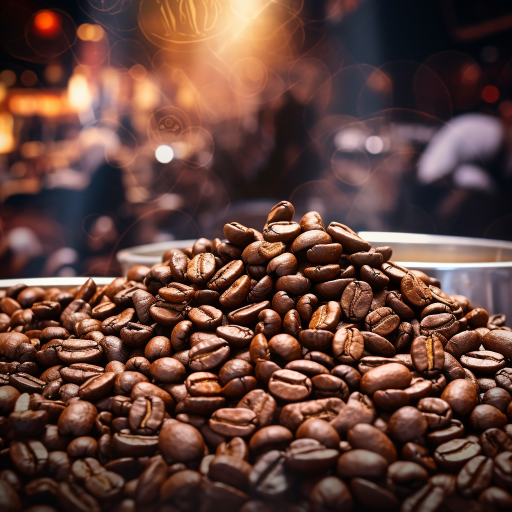 Bustling coffee market stall with concert background