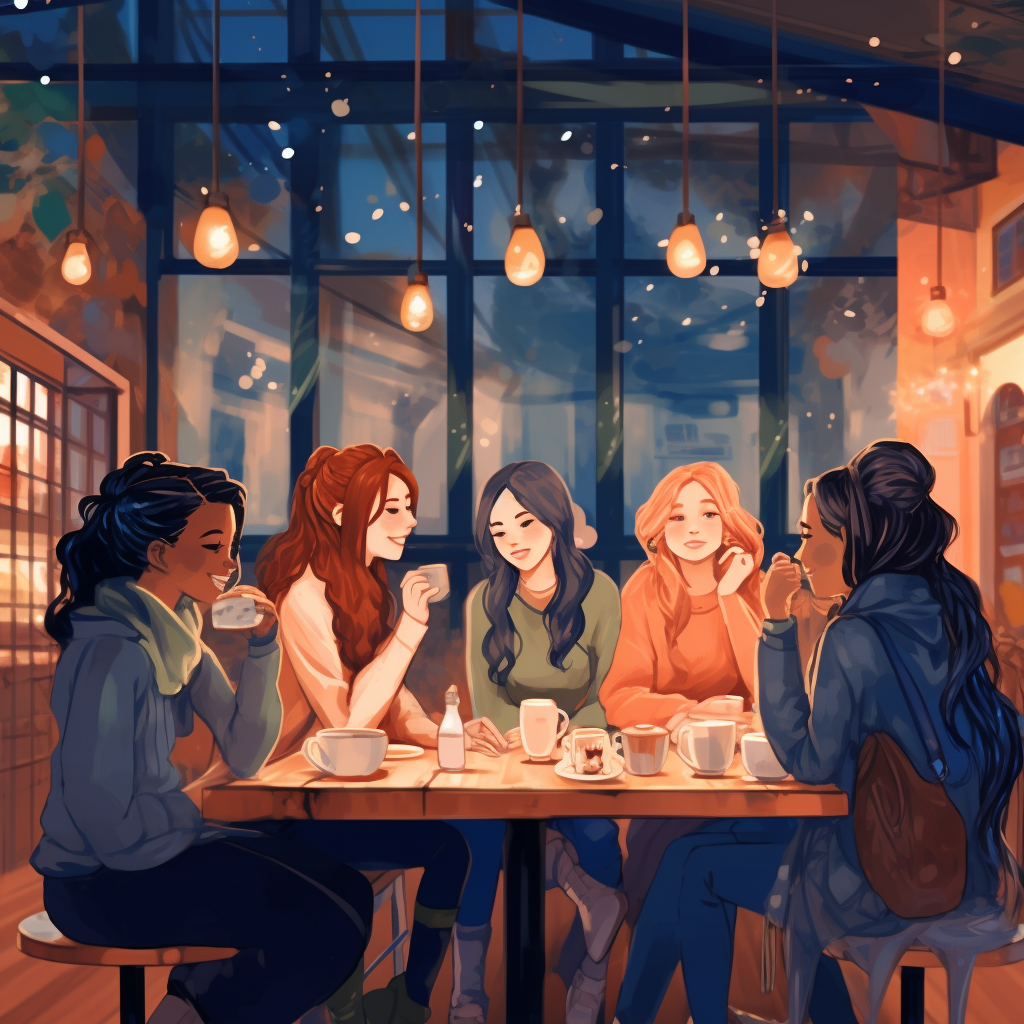 Group of women socializing in cozy coffee shop