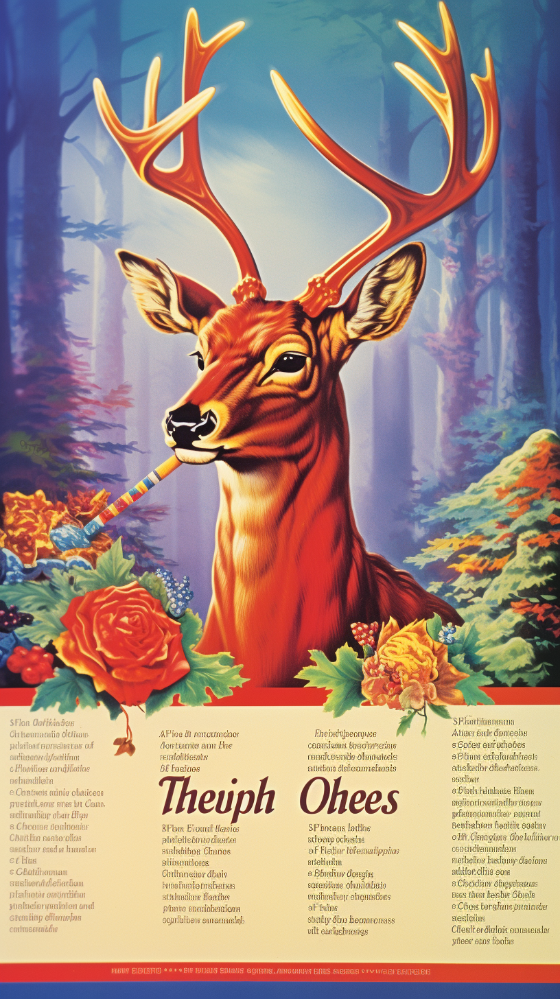 Colorful 1980s cigarette ad with anthropomorphic deer