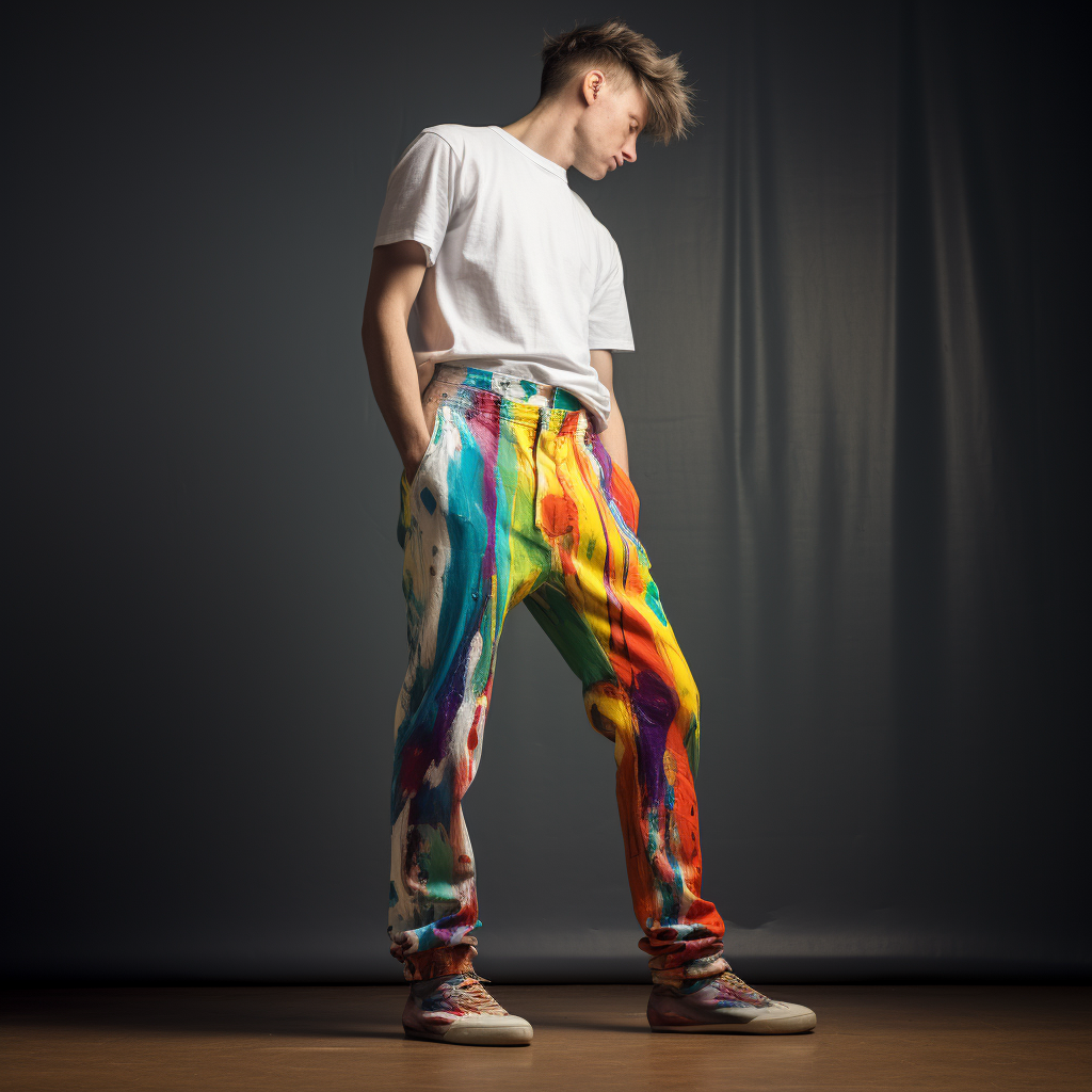 Fashionable man wearing vibrant artistic trousers