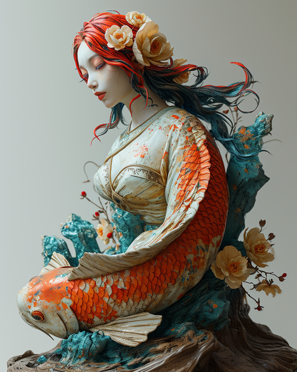 Vibrant fish-woman chimera in Mark Ryden style