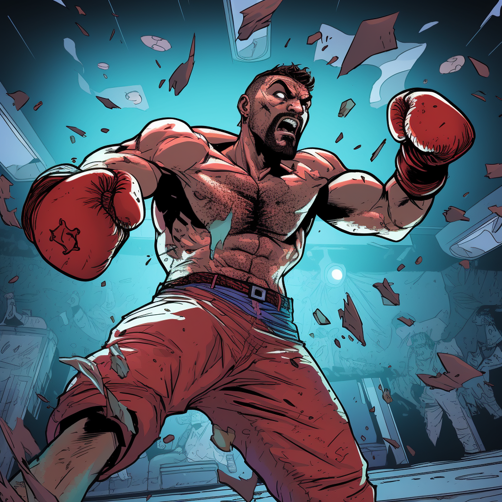 Colorful graphic novel artwork of a boxer fighting