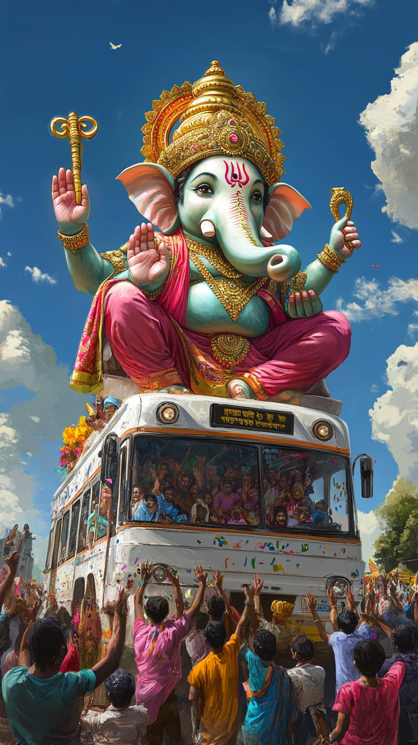 Ganesh colorful clothes bus arrival