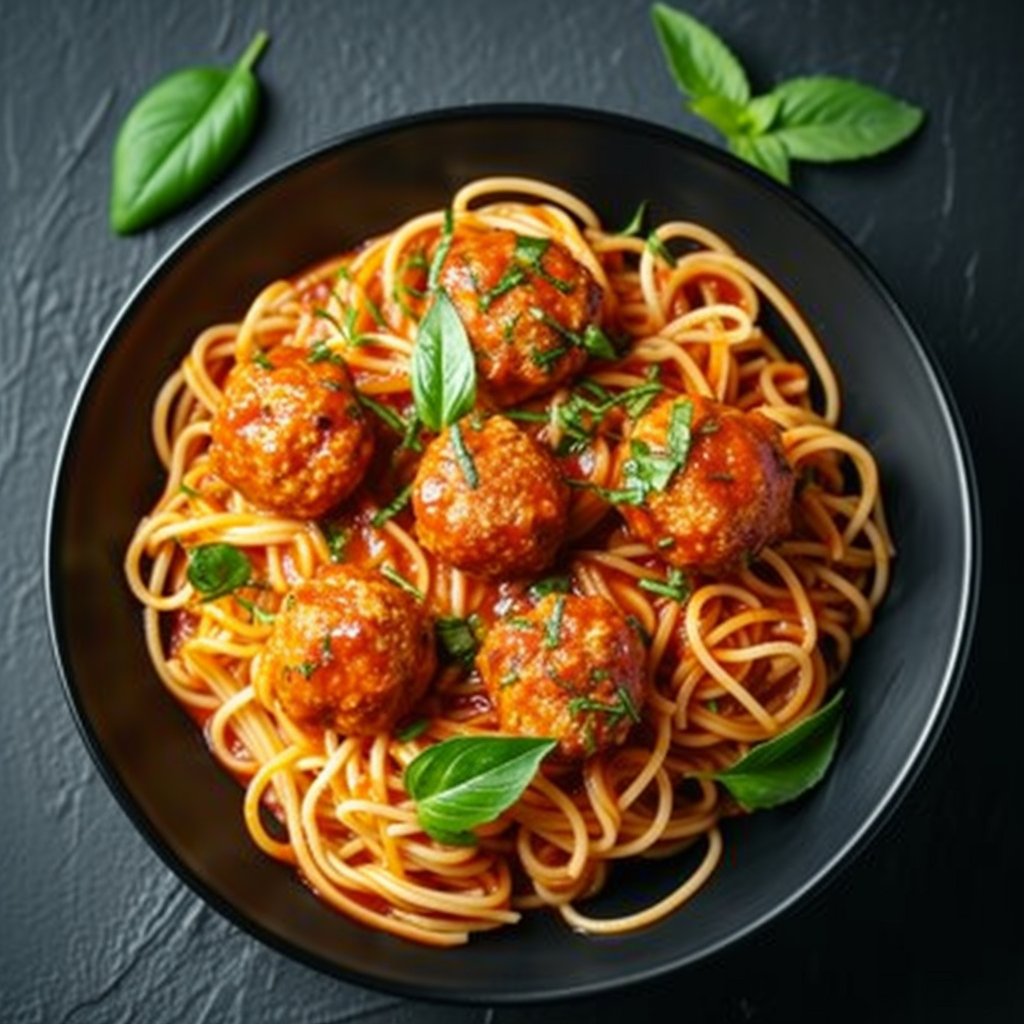 Colorful noodles with meatballs on a plate