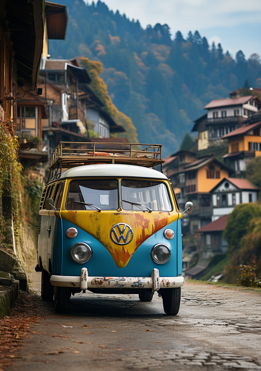 Colorful VW Bus in Front of Houses