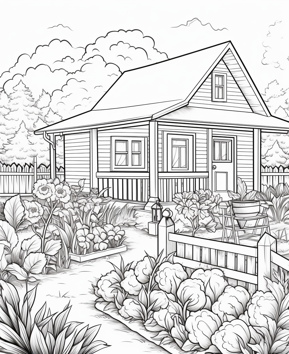 Coloring Book: Cottage House with Vegetable Garden