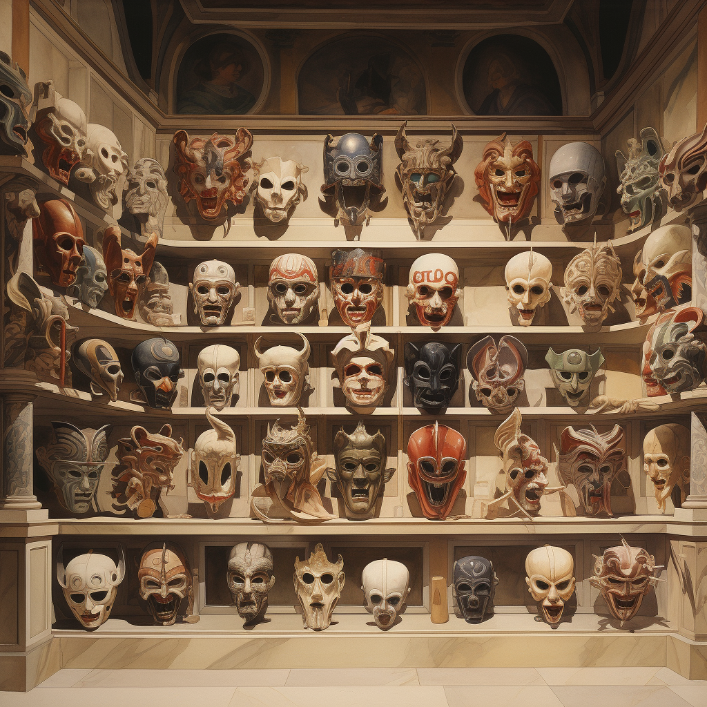 Comedia Dell'arte masks museum watercolor