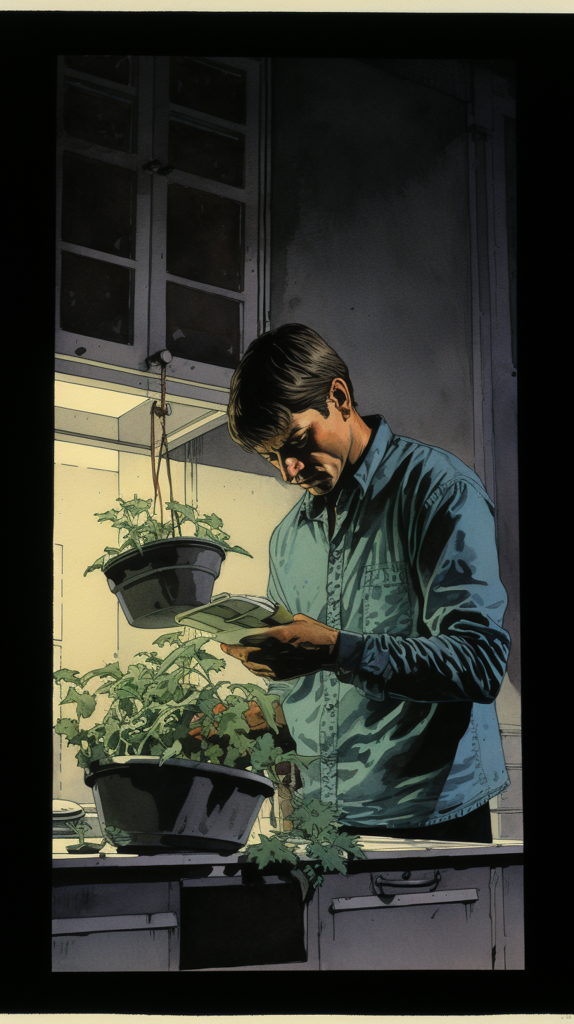 Man watering plant in dark kitchen