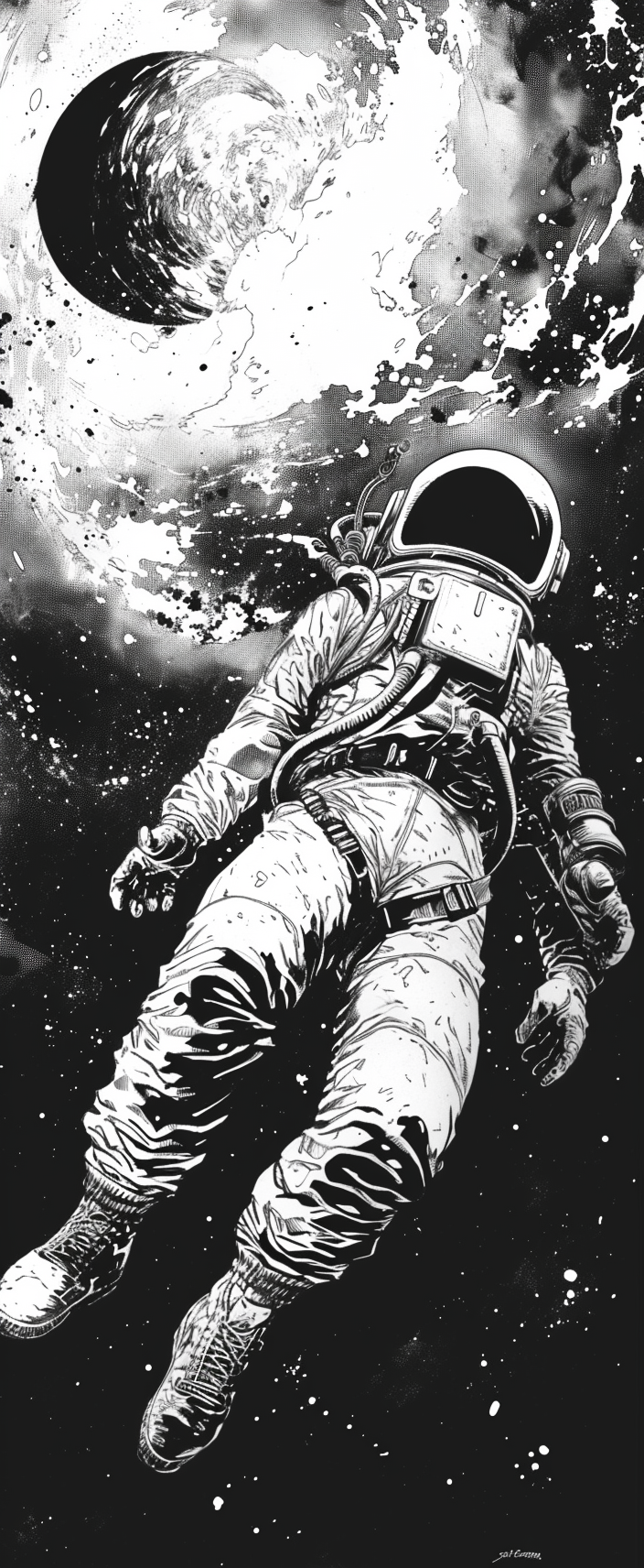 Comic Book Art Astronaut Falling Solar System Black Hole Nebula