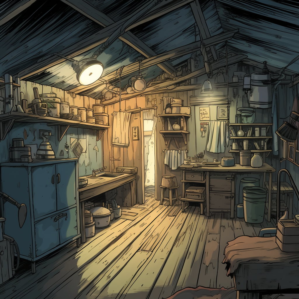 Dark tool shed interior in comic book style