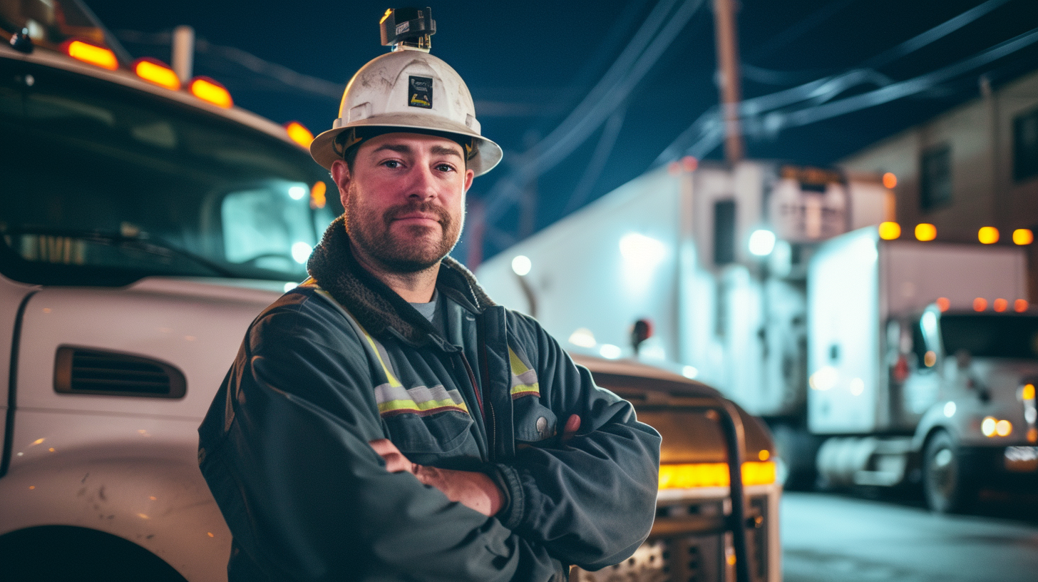 commercial electrical contractor in front of trucks uplight