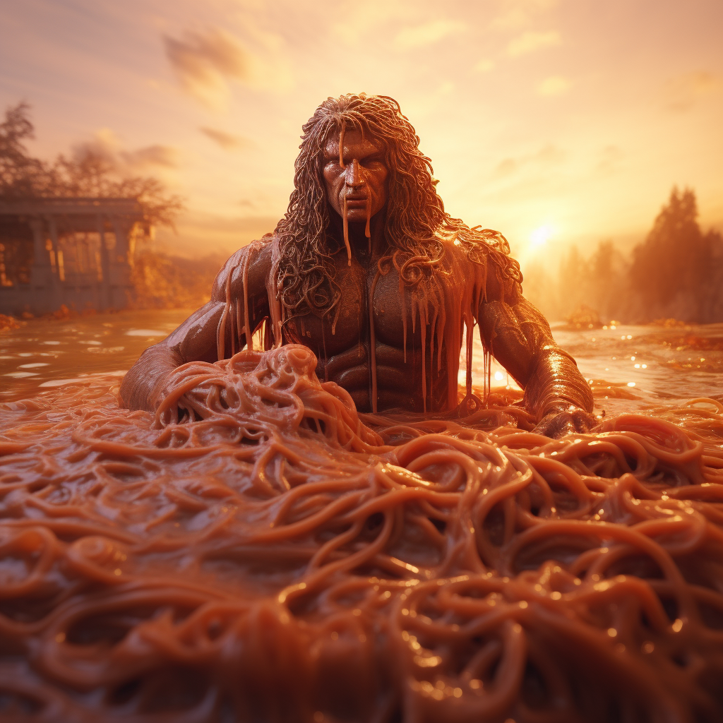 Conan the Barbarian swimming in Spaghetti-os