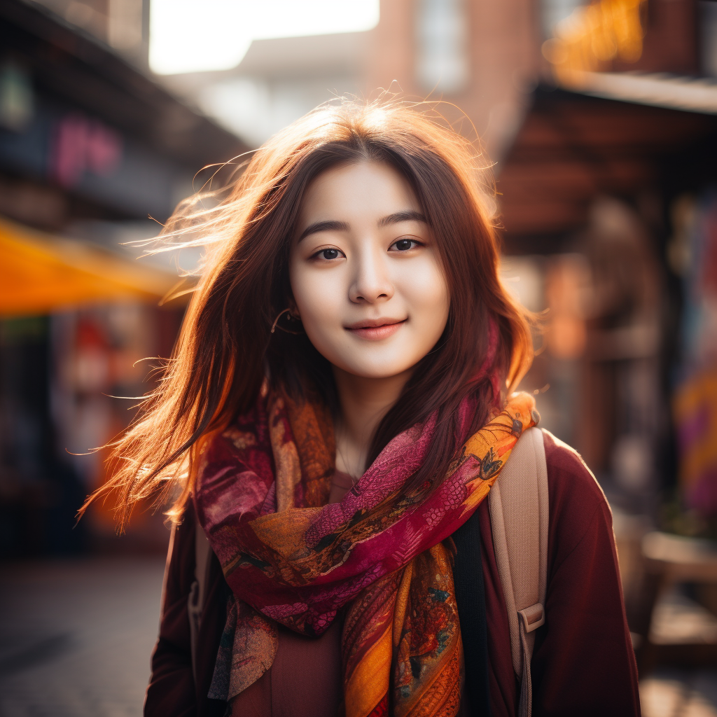 Confident Asian girl in fashion academic outfit in Istanbul