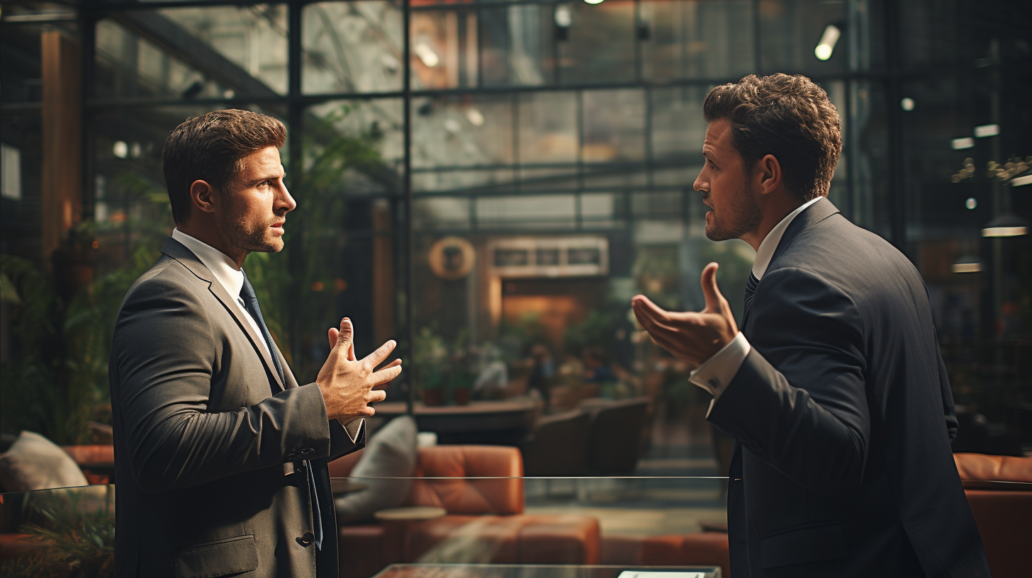 Image of a confused businessman arguing indoors