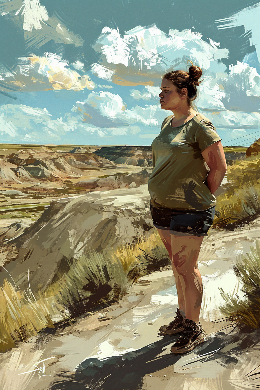 Pretty fat girl with confused expression standing on roadside in Badlands