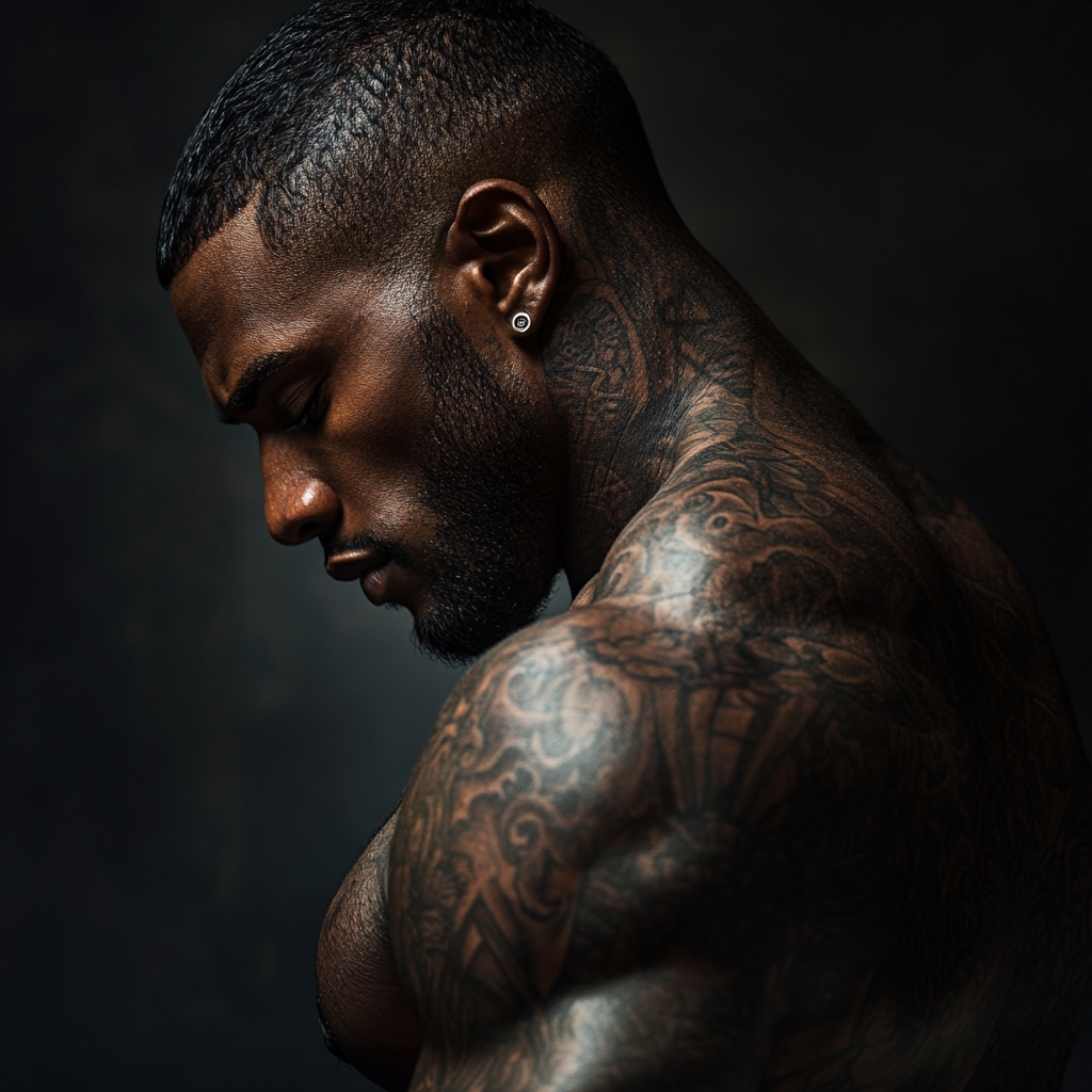 muscular black man with tattoos