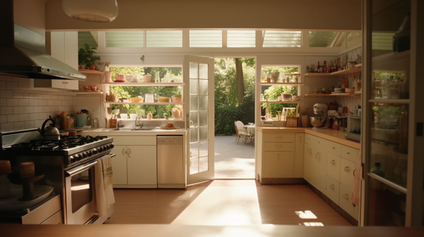 Modern suburban kitchen with Sofia Coppola film aesthetic