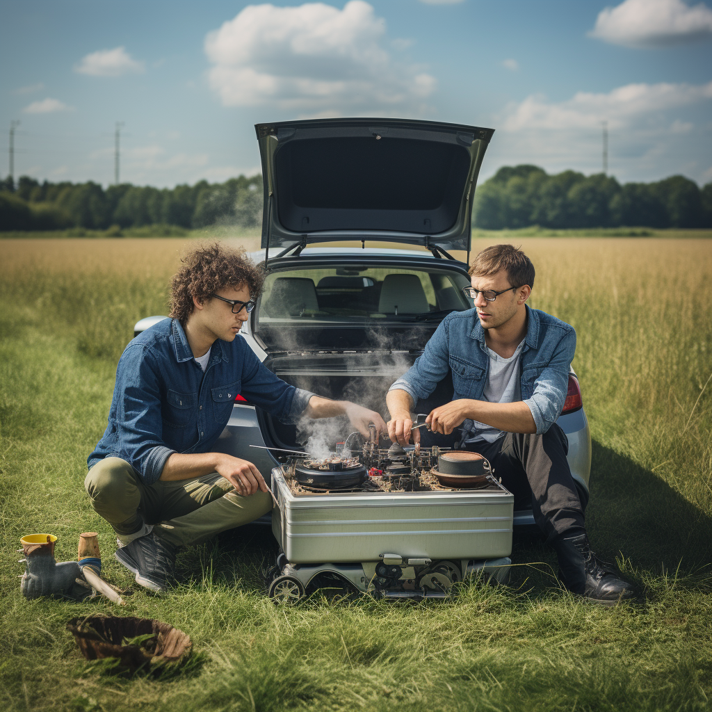 Two guys cooking on portable gas stove