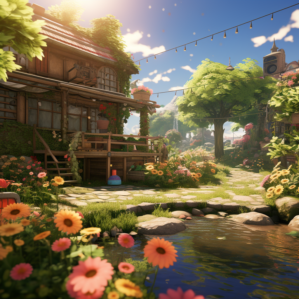 Beautiful garden in daylight with Nintendo video game