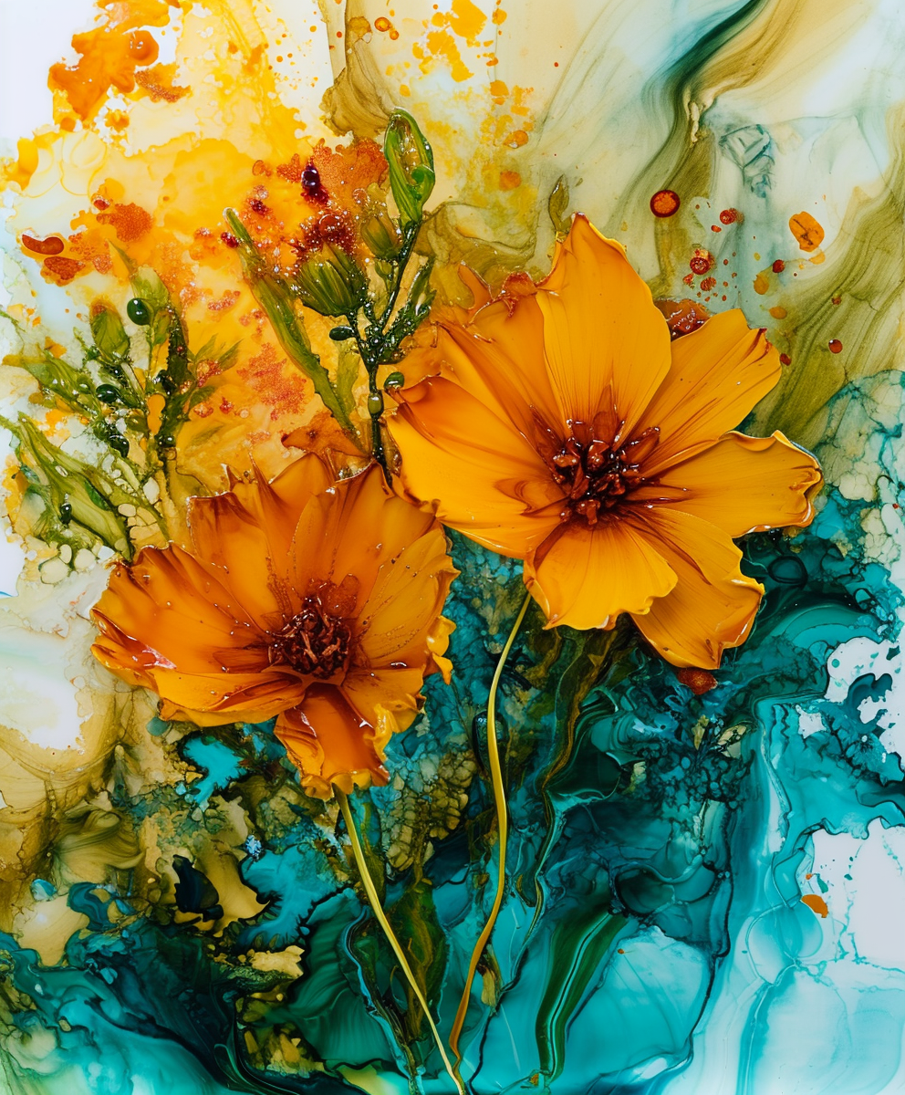 Colorful Coreopsis Lanceolata Flowers in Alcohol Ink