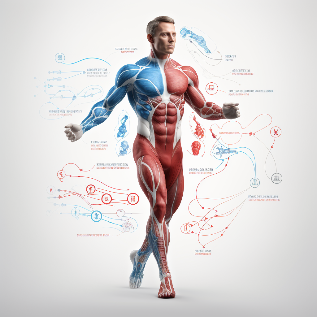 Strong human body surrounded by metabolic pathways