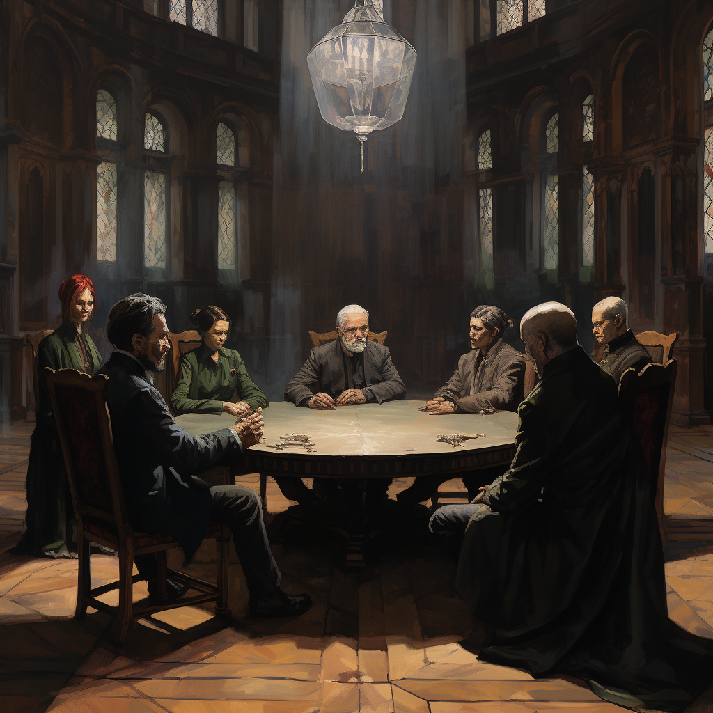 A secretive council meeting in a vast hall