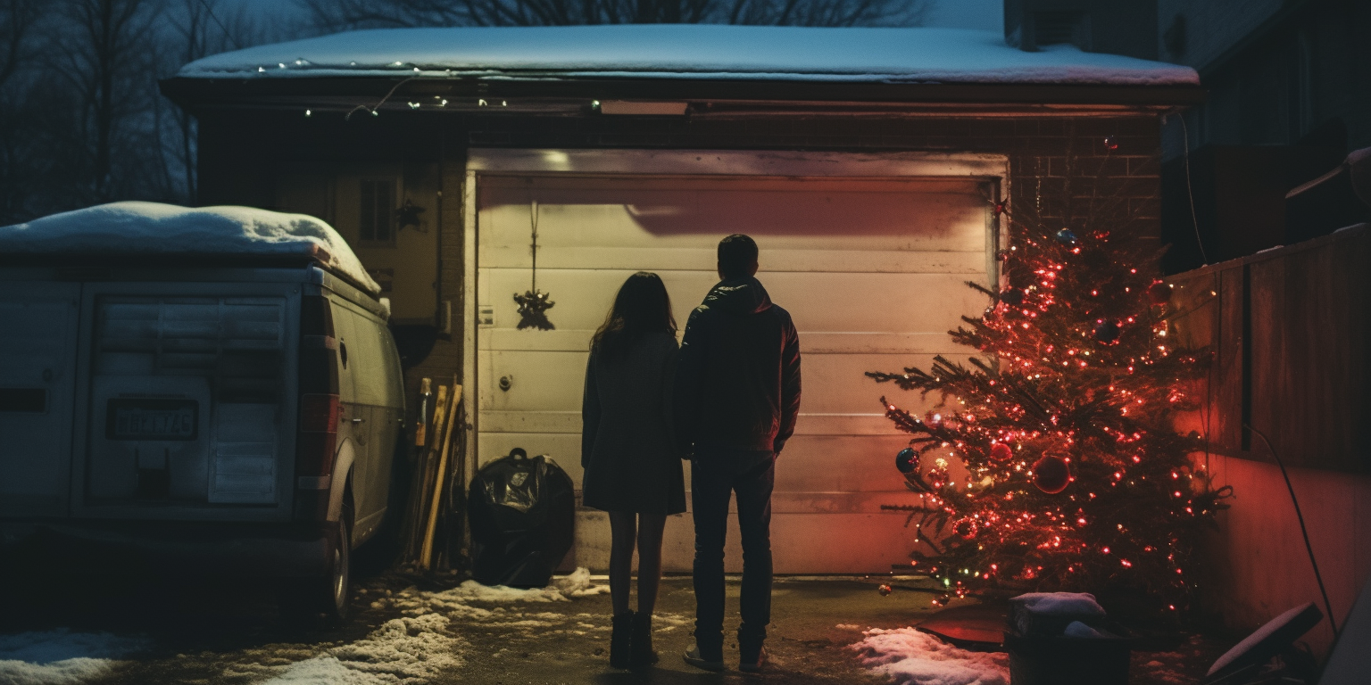 Couple in Christmas Night Garage