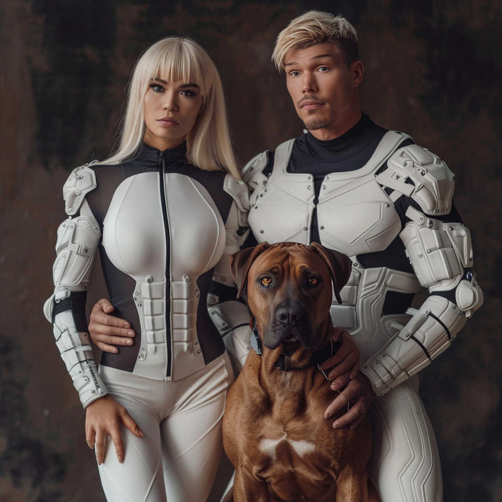 Couple and Dogs in Halloween Costumes