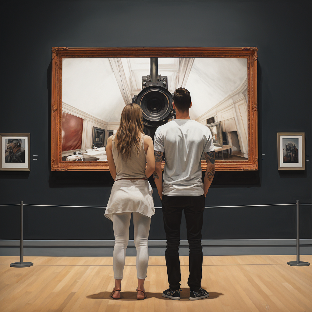 Couple reading large sign in museum