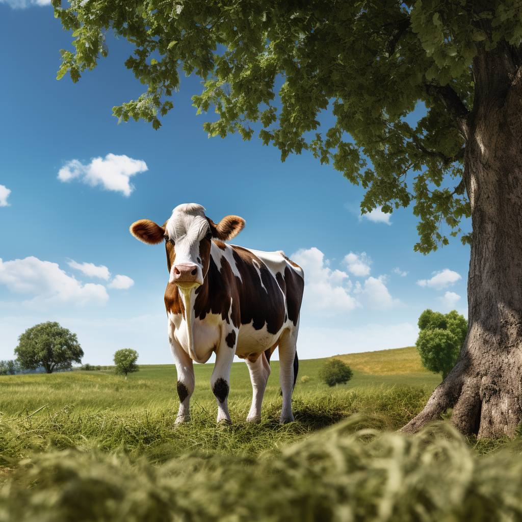 Cow on Grassfield with Blue Sky and Trees