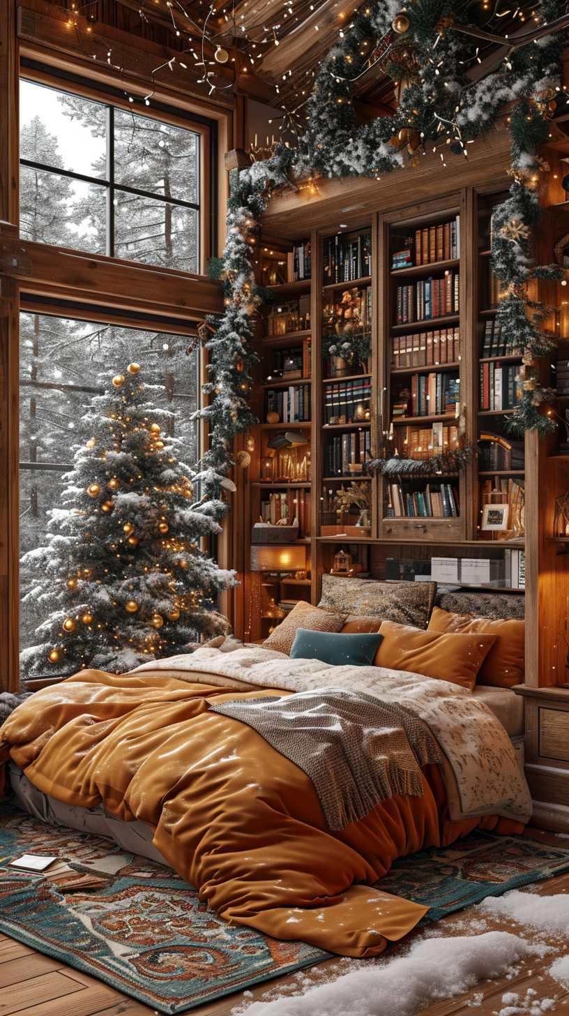 Cozy bedroom peaceful snow nightday Korea style bookshelf