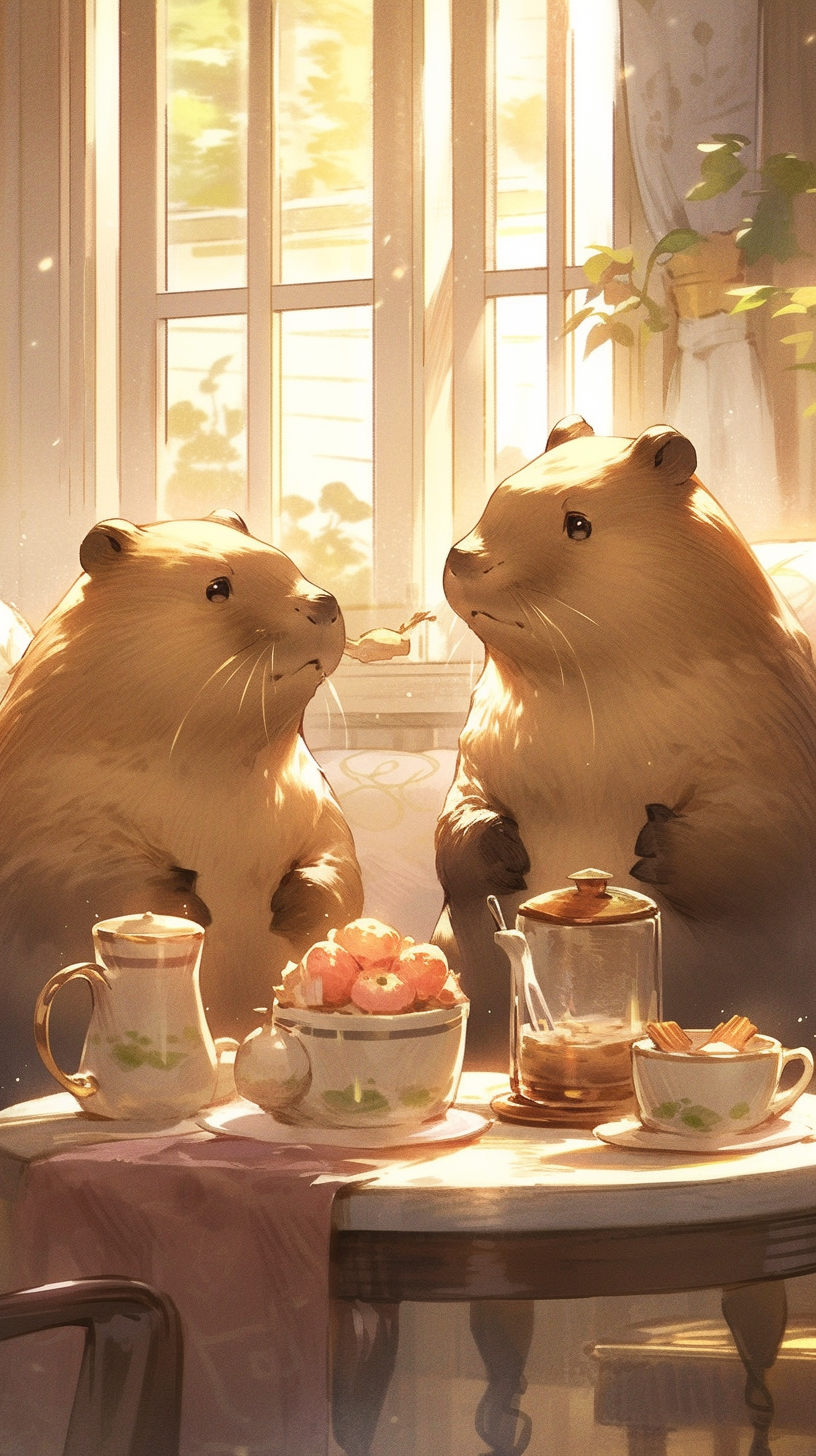 Two capybaras enjoying tea together