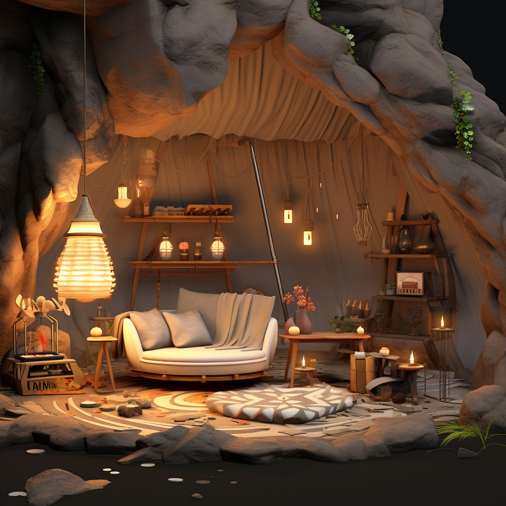 Cozy cave with fire lanterns