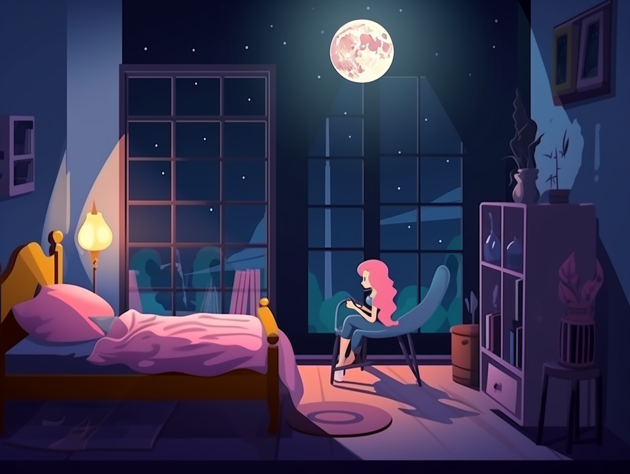 Illustration of a cozy girl bedroom at night