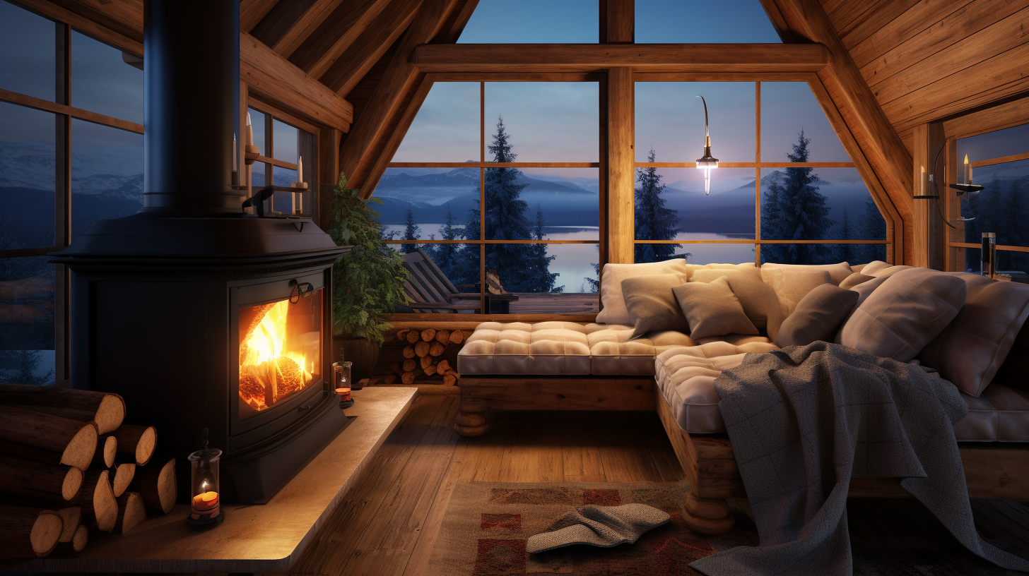 Wooden stove heating a cozy winter cabin