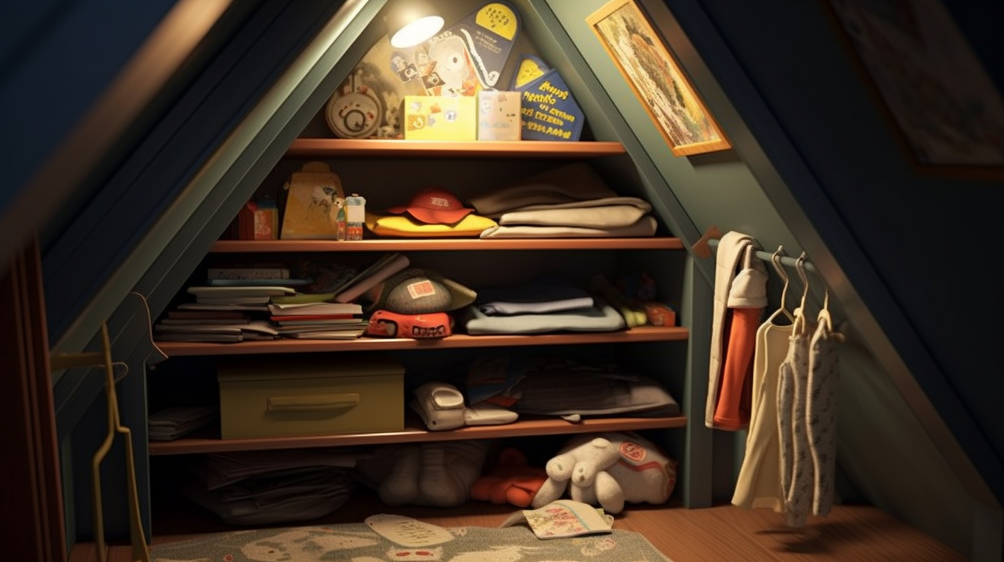 Cramped tiny closet with cot, books, and toys