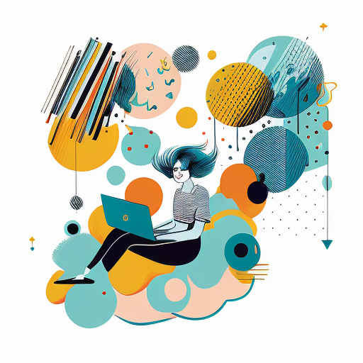 Simplified flat art vector image of a women on a laptop surrounded by stationary items