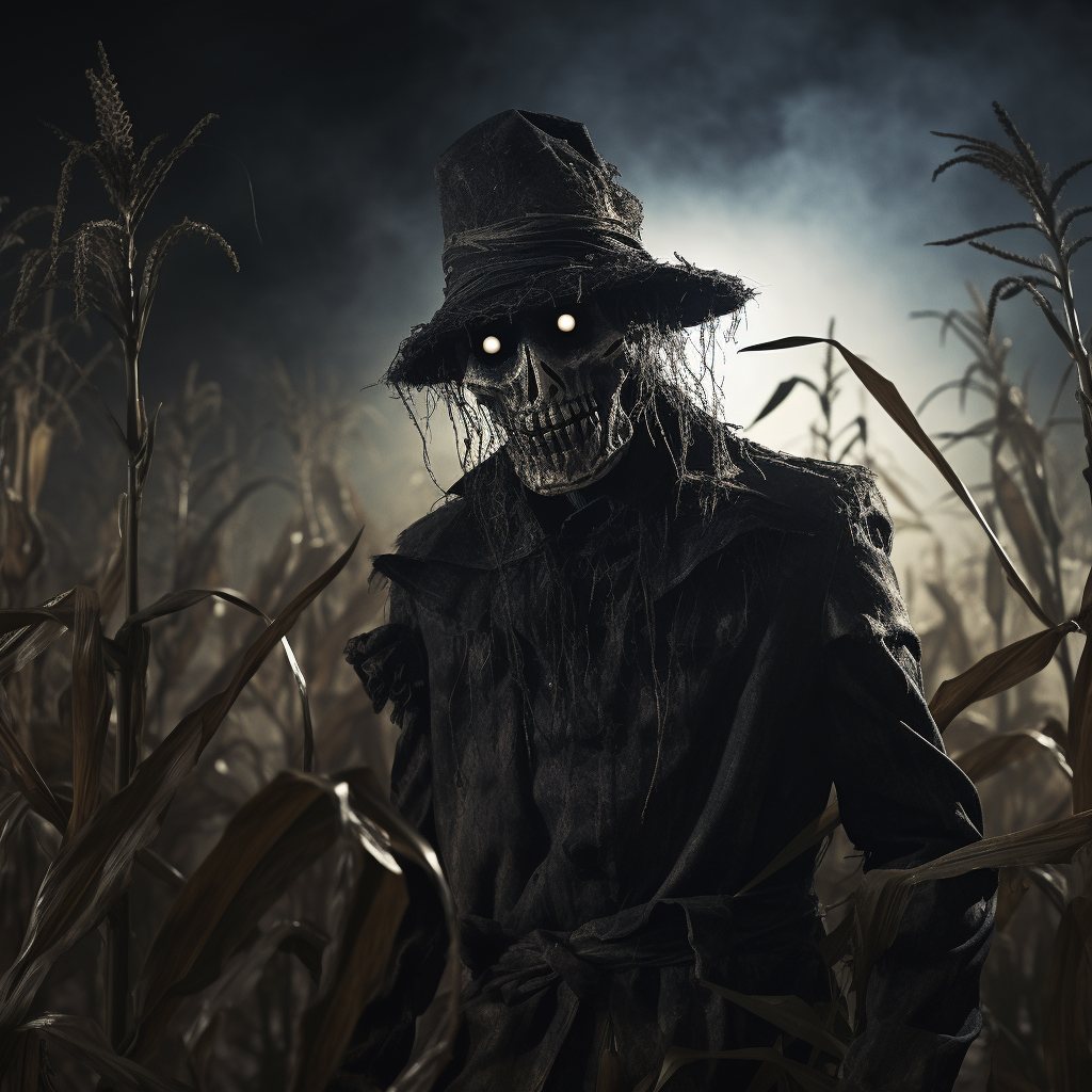 Scary scarecrow in cornfield