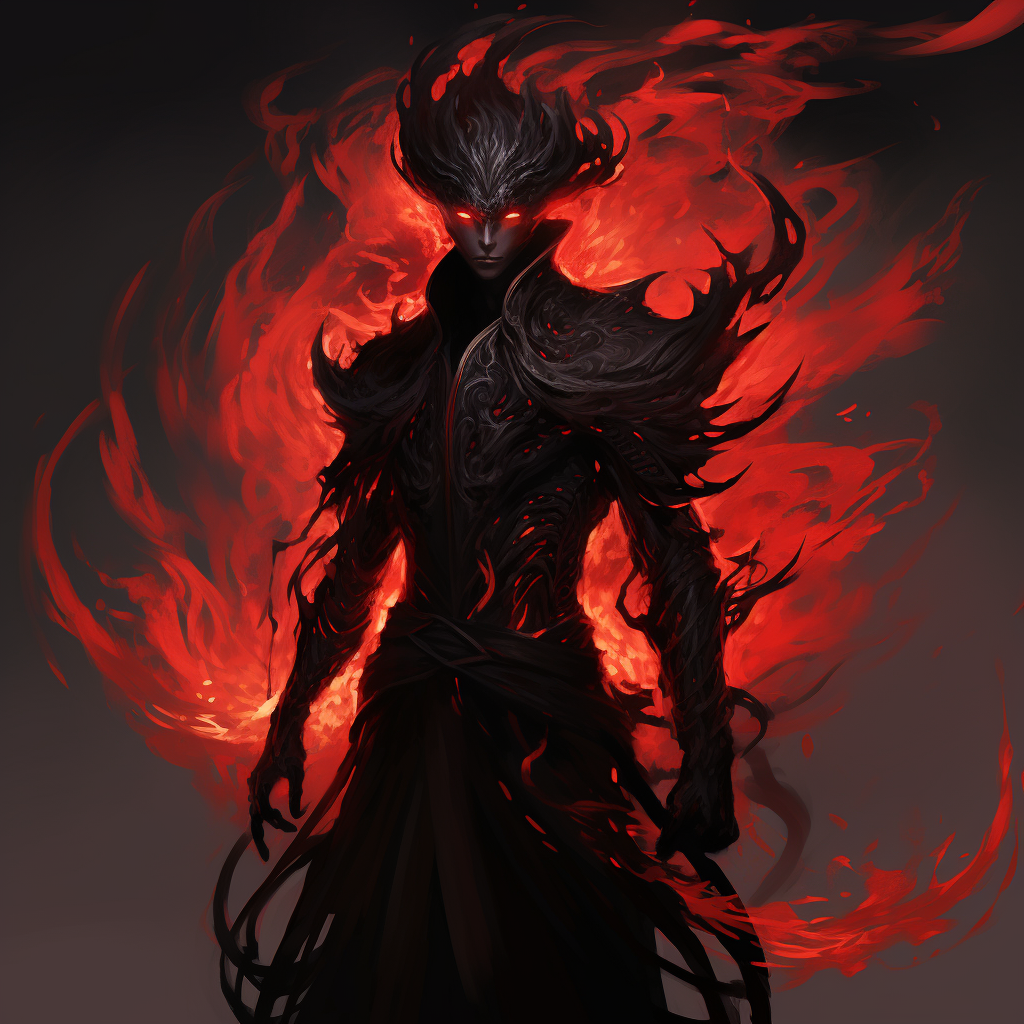 Crimson male devil with shadow-infused fabrics and black fire  ??