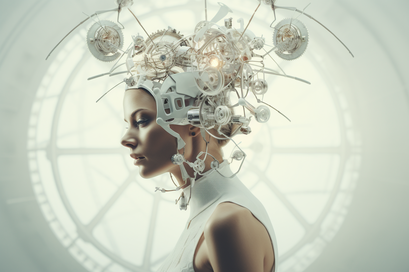 Woman deeply thinking with gears and arrows