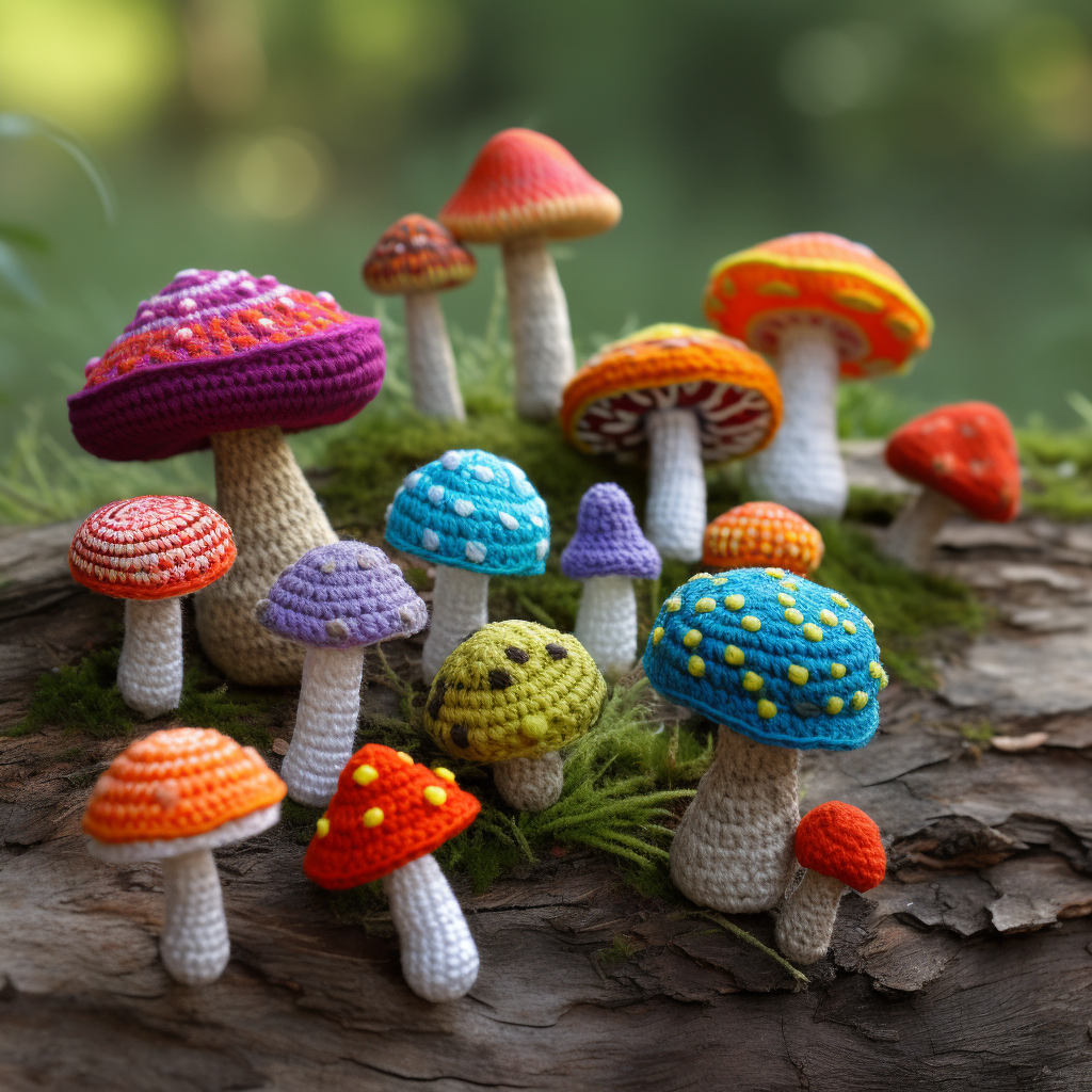 Colorful crochet fungi toys with fancy details