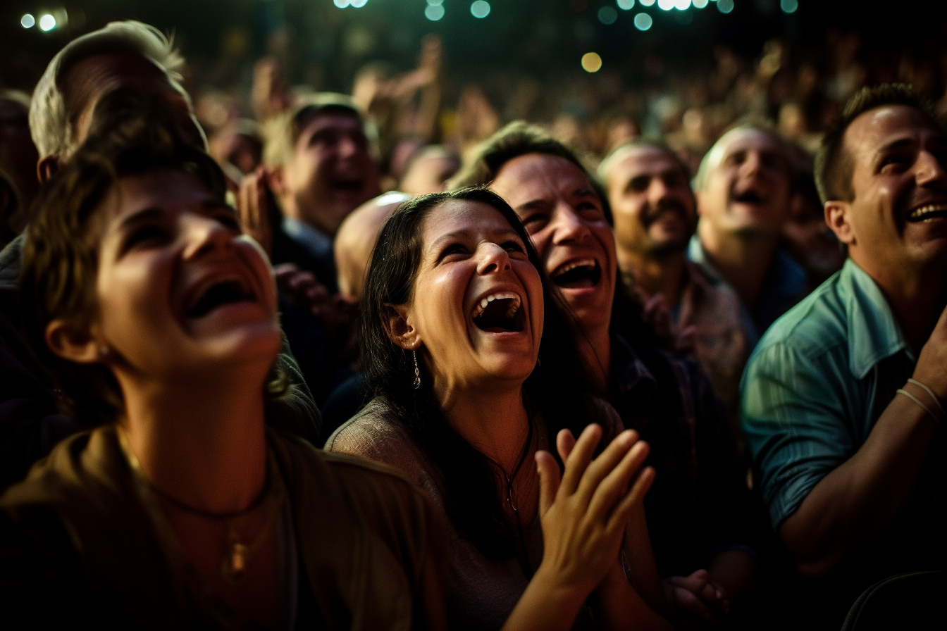 Smiling laughing crowd watching show at night