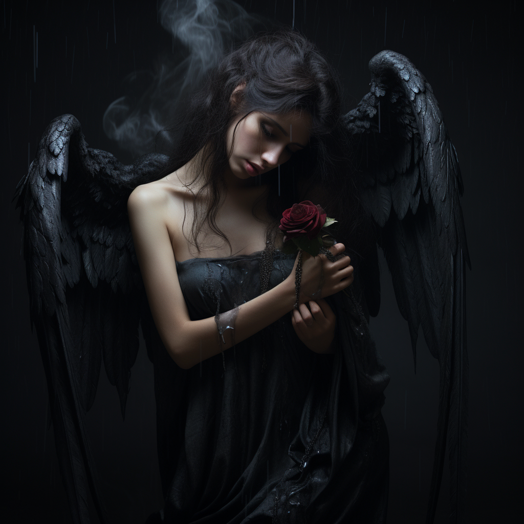 Crying angel with black rose