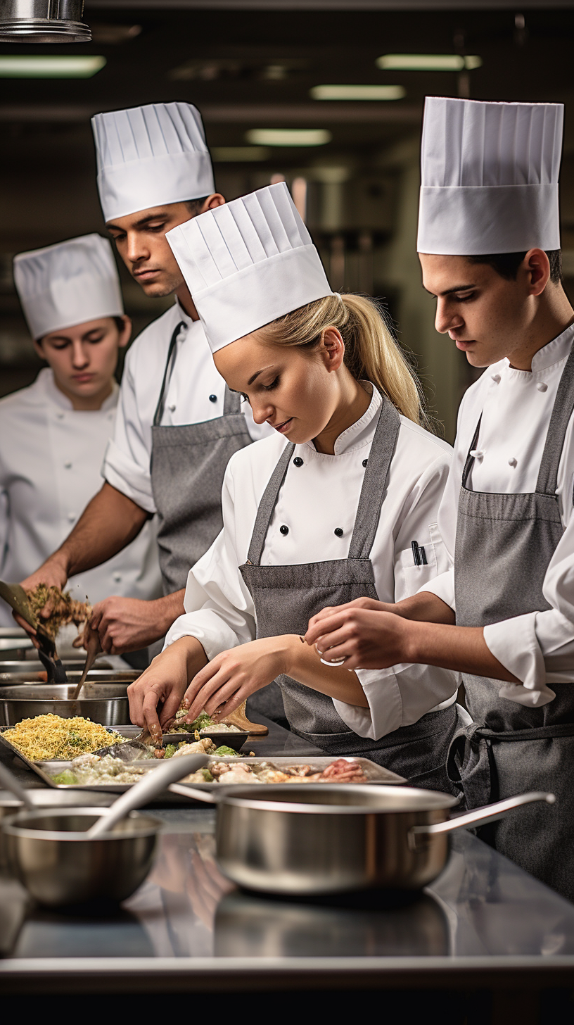 Young culinary students practicing cooking techniques