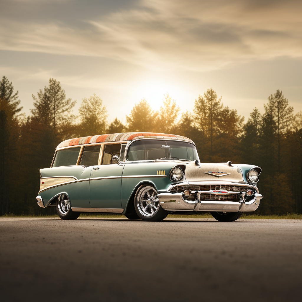 Custom Hotrod 1957 Chevy Nomad in Sunset Forest