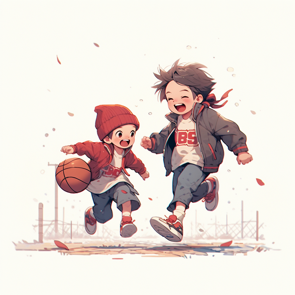 Active boys playing basketball outdoors