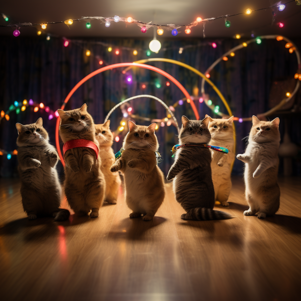 Multiple cute animals exercising with hula hoop