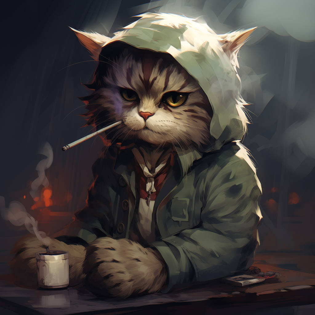 Depressed anime cat smoking cigarette